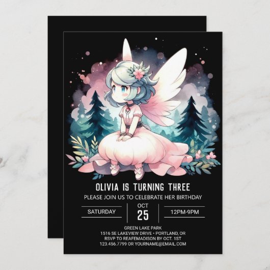 Invitation Aquarelle Thème Fée Anniversaire (Devant / Derrière)