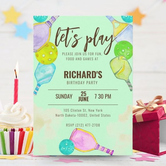 Invitation Aquarelle Thème Pickleball Green Anniversaire