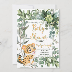 Invitation Aquarelle Tiger Safari Jungle Baby shower feuille