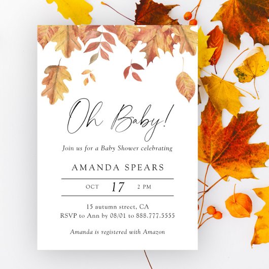 Invitation Aquarelle tombant baby shower d'automne feuille
