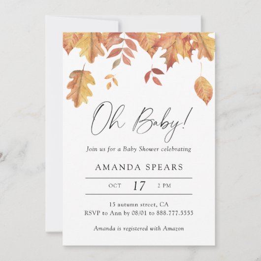 Invitation Aquarelle tombant baby shower d'automne feuille (Devant)
