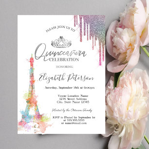 Invitation Aquarelle Tour Eiffel, Douches colorées Quinceañer