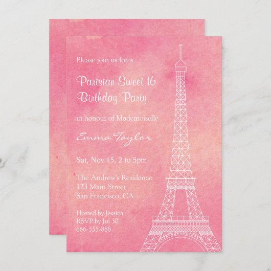 Invitation Aquarelle Tour Eiffel Fête d'anniversaire parisien (Devant / Derrière)