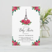 Invitation Aquarelle Tour Eiffel Rose rouge Baby shower Paris (Debout devant)