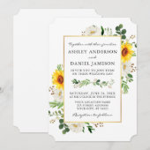 Invitation Aquarelle tournesol blanc Floral Mariage or (Devant / Derrière)