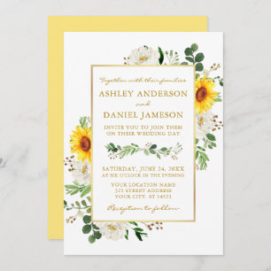 Invitation Aquarelle tournesol blanc Floral Mariage or