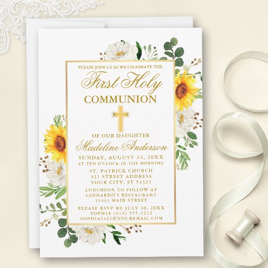 Invitation Aquarelle Tournesol Blanc Floral Première communio