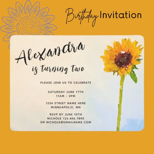 Invitation Aquarelle tournesol enfant n'a pas d'âge Anniversa