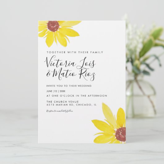 Invitation Aquarelle Tournesol Fleur sauvage Mariage rustique (Debout devant)