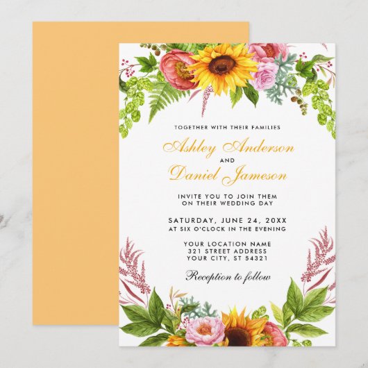 Invitation Aquarelle Tournesol Floral Jaune doré Mariage (Devant / Derrière)