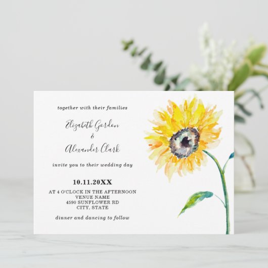 Invitation Aquarelle Tournesol Horizontal Élégant Simple (Debout devant)