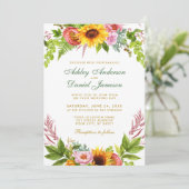 Invitation Aquarelle Tournesol Mariage Floral Or Vert (Debout devant)