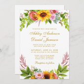Invitation Aquarelle tournesol Mariage or (Devant / Derrière)