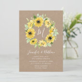 Invitation Aquarelle tournesol Monogramme Wreath | MARIAGE (Debout devant)