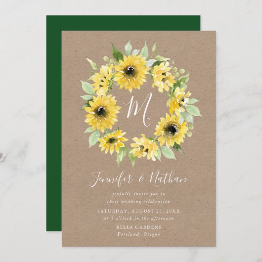 Invitation Aquarelle tournesol Monogramme Wreath | MARIAGE (Devant / Derrière)