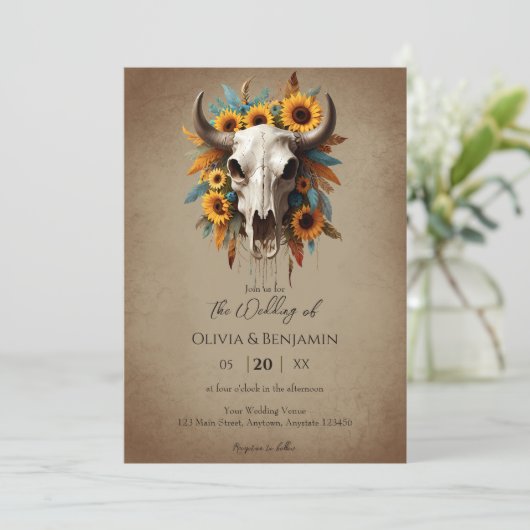 Invitation Aquarelle Tournesol Plumes Vache Mariage crâne (Debout devant)