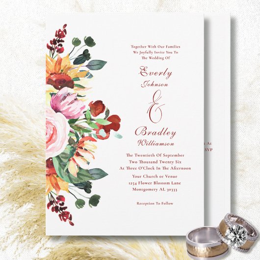 Invitation Aquarelle Tournesol Rustique Floral Bouquet Mariag