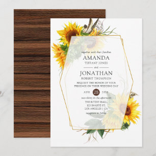Invitation Aquarelle tournesol Rustique Mariage géométrique