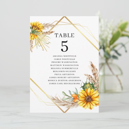 Invitation Aquarelle Tournesol Rustique Mariage Numéro de tab (Debout devant)