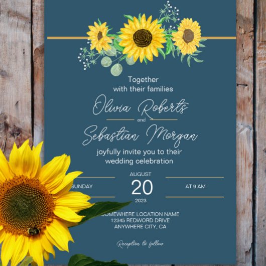 Invitation Aquarelle tournesols Mariage bleu marine