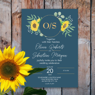 Invitation Aquarelle tournesols Monogramme Marine Mariage ble