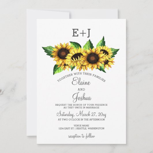 Invitation Aquarelle Tournesols Pays Mariage rustique (Devant)