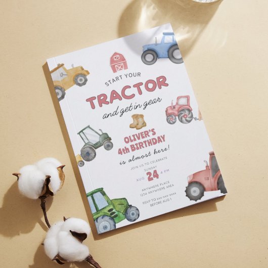 Invitation Aquarelle tracteur 4e anniversaire