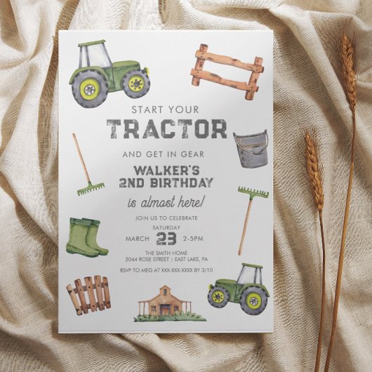 Invitation Aquarelle Tracteur vert 2e anniversaire