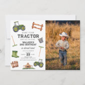 Invitation Aquarelle Tracteur vert Photo 2e anniversaire (Devant)