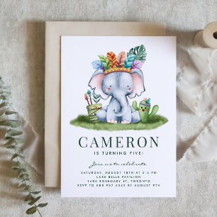 Invitation Aquarelle Tribal Elephant Safari Thème Anniversair