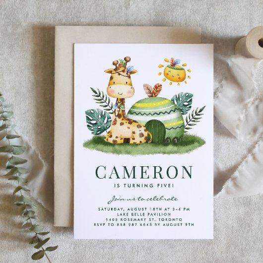Invitation Aquarelle Tribal Giraffe Safari Thème Anniversaire