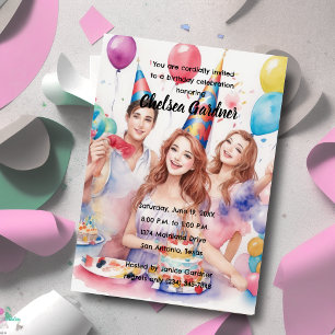 Invitation Aquarelle Trois Jeunes Fêtant Anniversaire