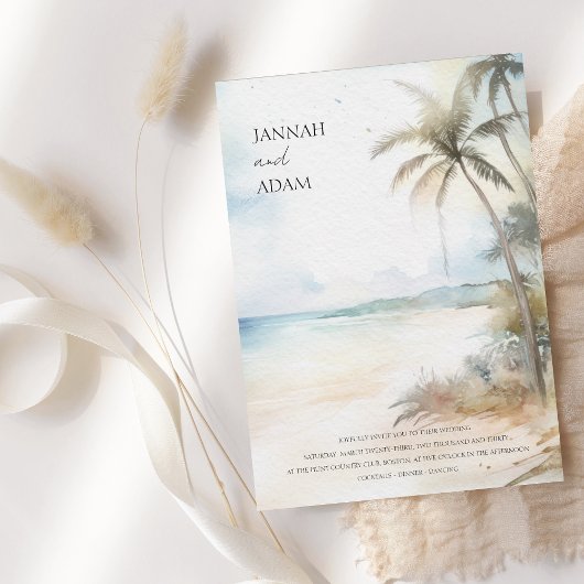 Invitation Aquarelle Tropical Beach Palm Trees Mariage