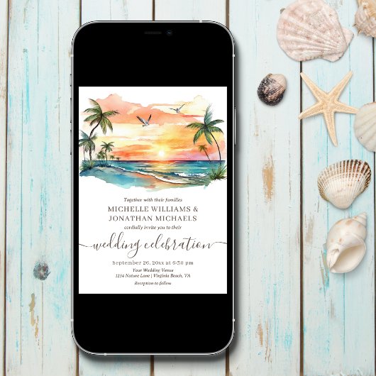 Invitation Aquarelle Tropical Beach Sunset Mariage