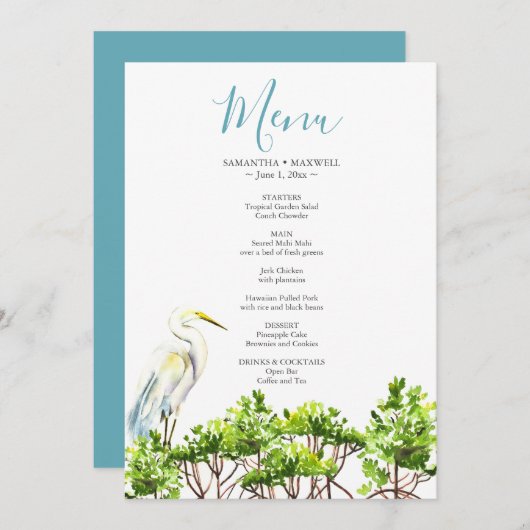 Invitation Aquarelle Tropical Bird and Mangroves Menu (Devant / Derrière)