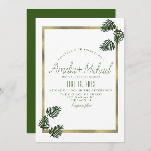 Invitation Aquarelle Tropical Botanical Foil Palm Mariage (Devant / Derrière)