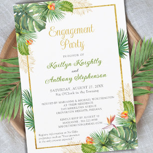 Invitation Aquarelle Tropical Engagement Party Floral Gold