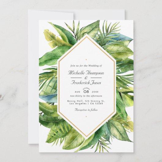 Invitation Aquarelle Tropical Feuille QR Code Mariage RSVP (Devant)