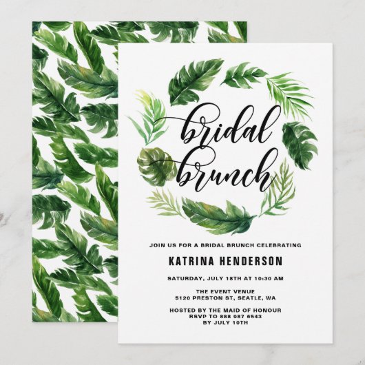 Invitation Aquarelle Tropical Feuille Wreath Bridal Brunch (Devant / Derrière)