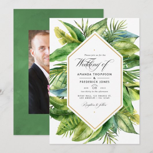 Invitation Aquarelle Tropical Feuilles Mariage Photo (Devant / Derrière)