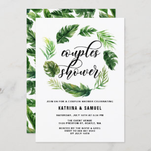 Invitation Aquarelle Tropical Feuilles Wreath Couples Douche