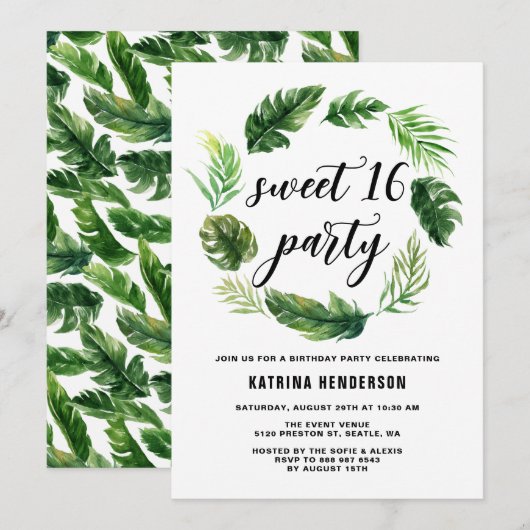 Invitation Aquarelle Tropical Feuilles Wreath Sweet 16 Party (Devant / Derrière)