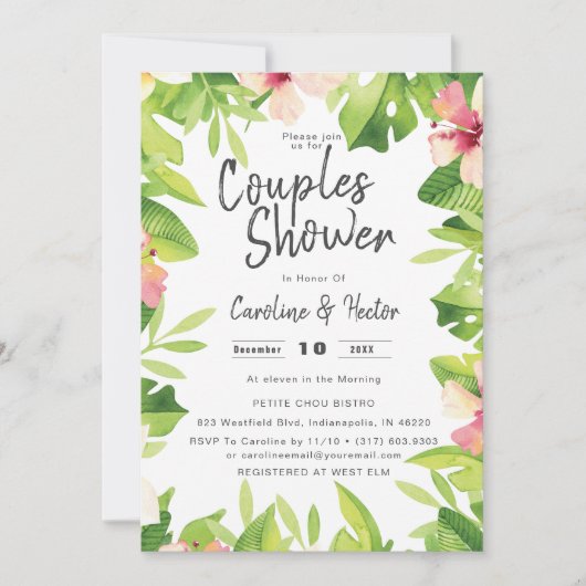 Invitation Aquarelle Tropical Floral Couples Douche (Devant)