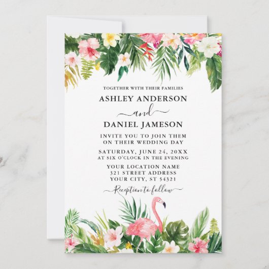 Invitation Aquarelle Tropical Floral Flamant rose Mariage (Devant)