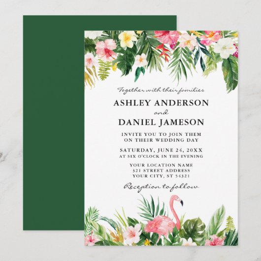 Invitation Aquarelle Tropical Floral Flamant rose Mariage (Devant / Derrière)