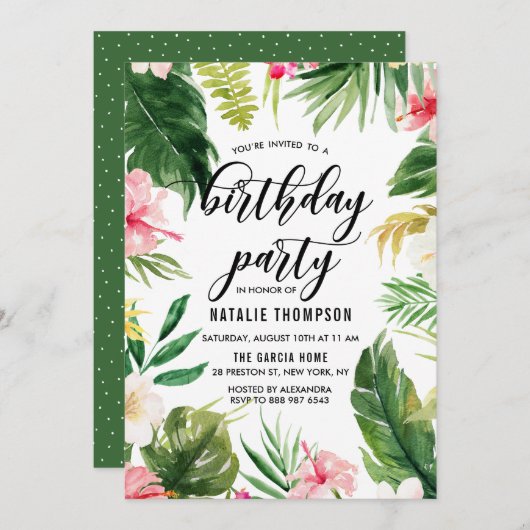 Invitation Aquarelle Tropical Floral Frame Anniversaire (Devant / Derrière)