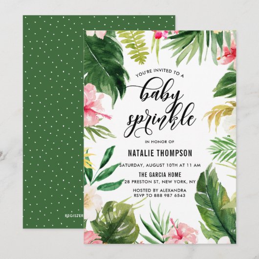 Invitation Aquarelle Tropical Floral Frame Baby Sprinky (Devant / Derrière)