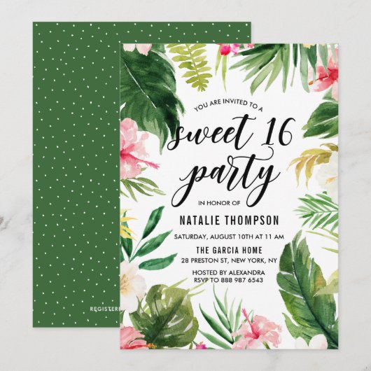Invitation Aquarelle Tropical Floral Frame Sweet 16 Party (Devant / Derrière)