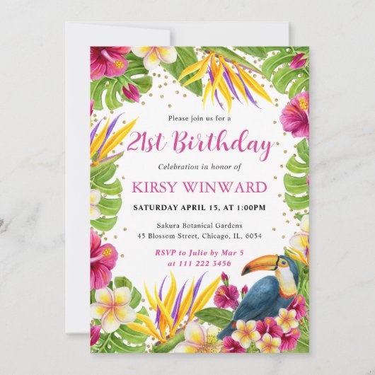 Invitation Aquarelle Tropical Floral Frame Toucan Anniversair (Devant)