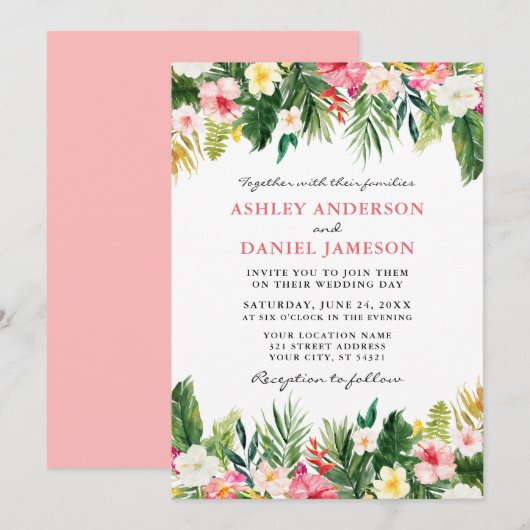 Invitation Aquarelle Tropical Floral Green Mariage Pk (Devant / Derrière)